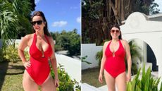 Abigail Latif and Michelle Darby wearing red swimsuits 