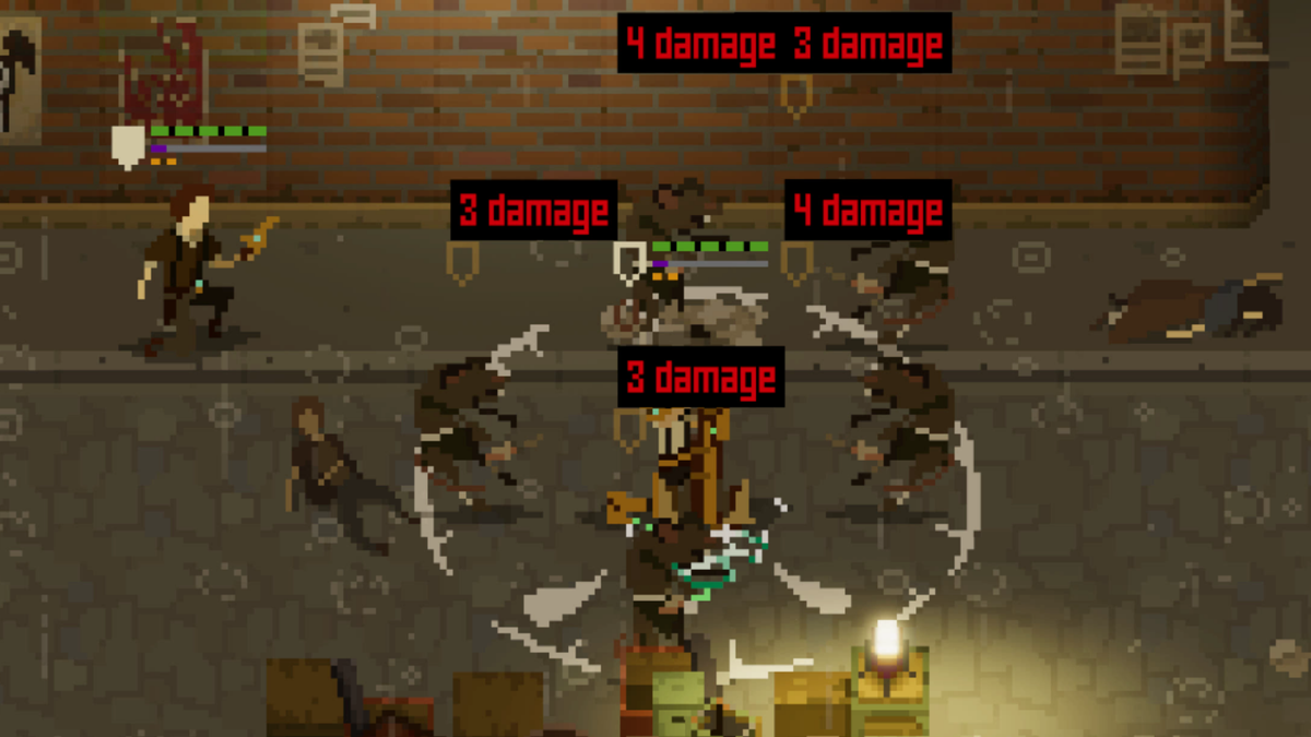 Image from videogame Shardpunk Verminfall. Pixelated heroes battle with humanoid rats.