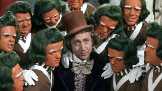 Gene Wilder and the Oompa Loompas in Willy Wonka and the Chocolate Factory