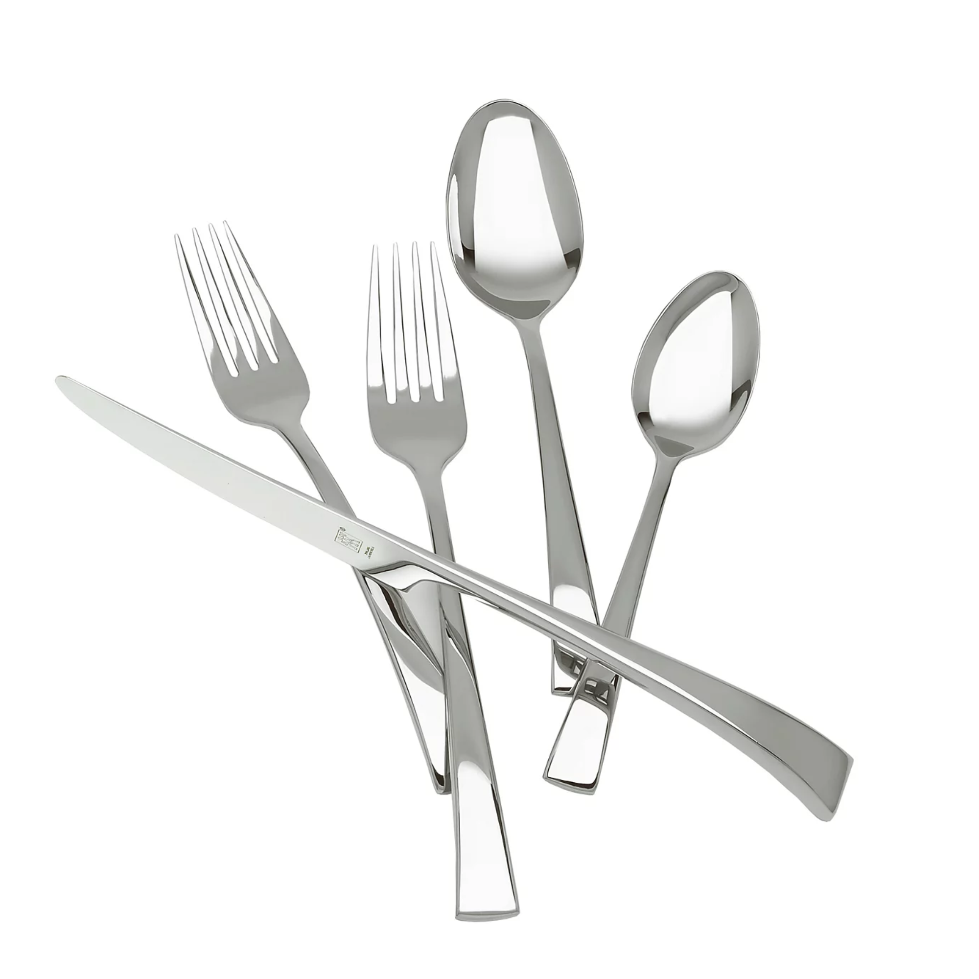 a set of silver cutlery including two spoons, two forks, and a knife
