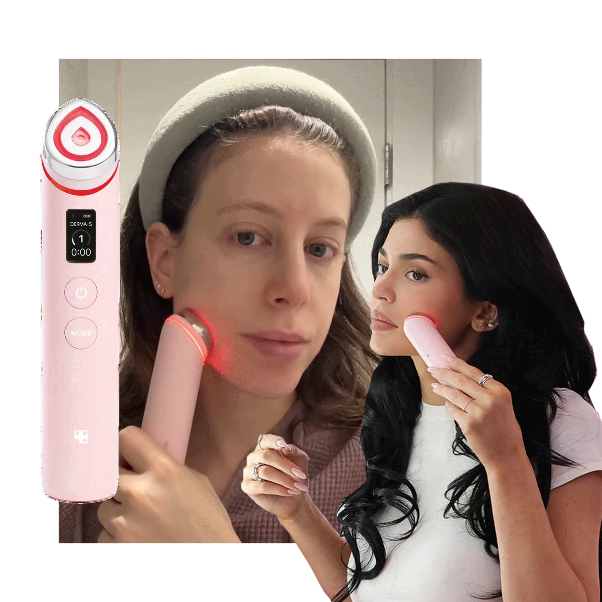 Photo collage of Jamie Schneider and Kylie Jenner using the Medicube Booster Pro 
