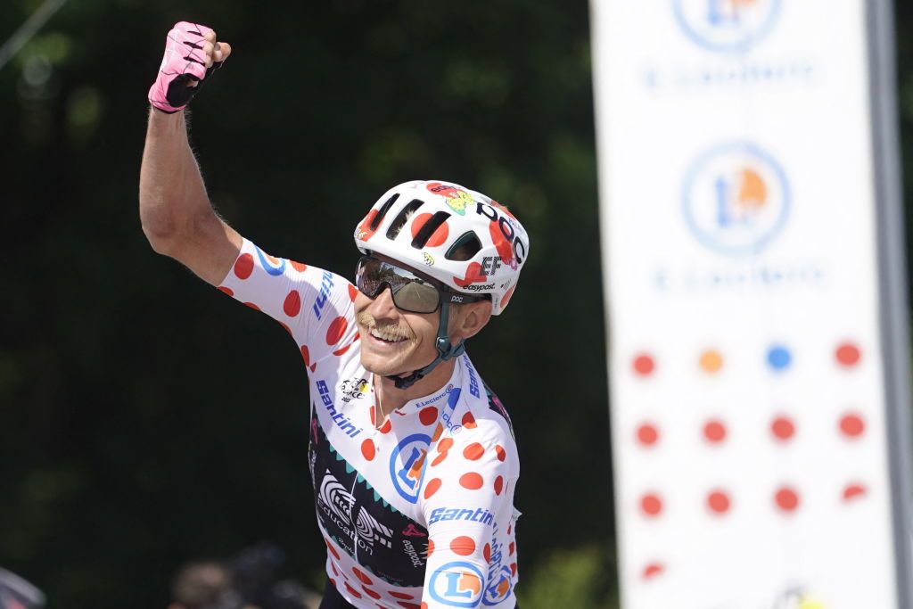 EF EducationEasypost teams Danish rider Magnus Cort Nielsen wearing the climbers dotted jersey reacts during the 3rd stage of the 109th edition of the Tour de France cycling race 182 km between Vejle and Sonderborg in Denmark on July 3 2022 Danish rider Magnus Cort Neilsen led the the Tour de France through colossal crowds as stage three ran through the region of Jutland with Dutch rider Wout van Aert hoping to protect the overall leaders yellow jersey Denmark OUT Photo by Liselotte Sabroe Ritzau Scanpix AFP Denmark OUT Photo by LISELOTTE SABROERitzau ScanpixAFP via Getty Images