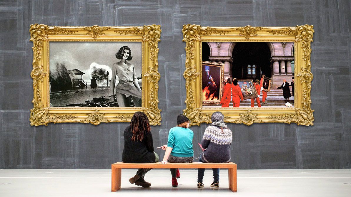 Three people sitting in an art gallery looking at Rush artwork 