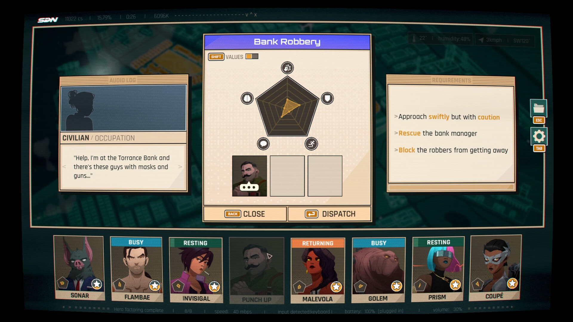 Dispatch gameplay showing the player trying to work out which superheroes should be sent to stop a bank robbery
