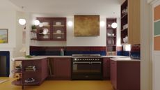 basement kitchen with white walls and burgundy kitchen cabinets, yellow floor