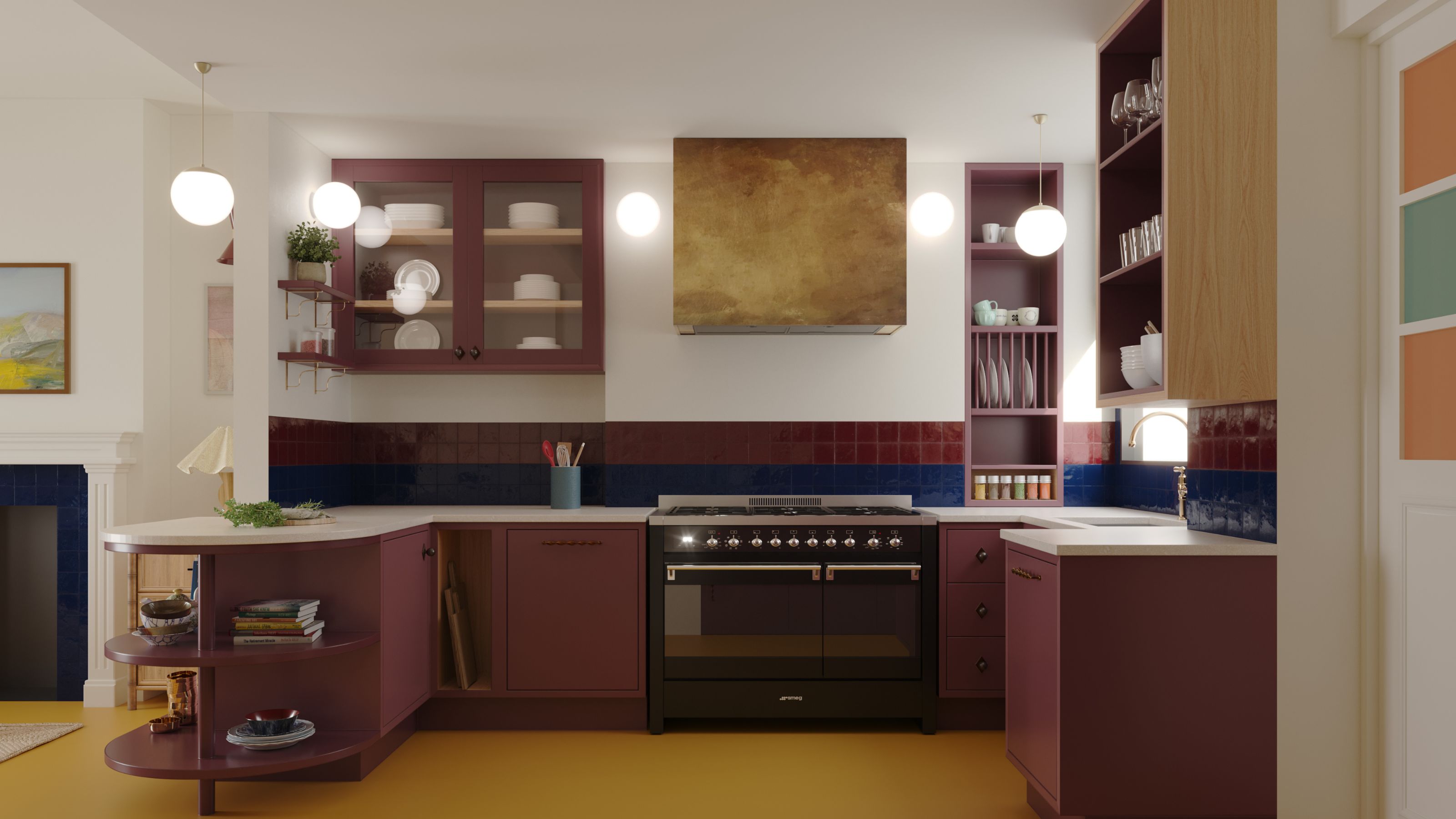 basement kitchen with white walls and burgundy kitchen cabinets, yellow floor