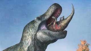 An illustration of a lipped dinosaur swallowing a smaller dinosaur whole.