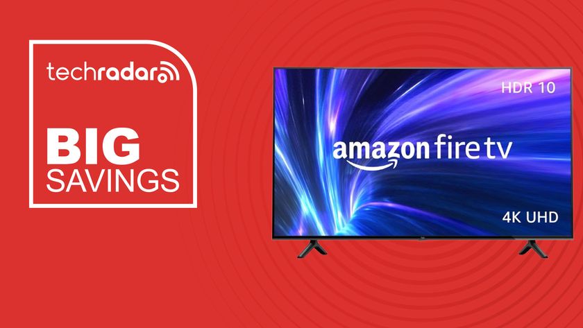 The Amazon Fire TV 43-inch 4-Series TV on a red background with text saying Big Savings.