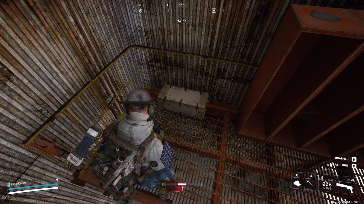 Arc Raiders Worth Your Salt: A player looking at a closed box on a metal walkway next to a red locker.
