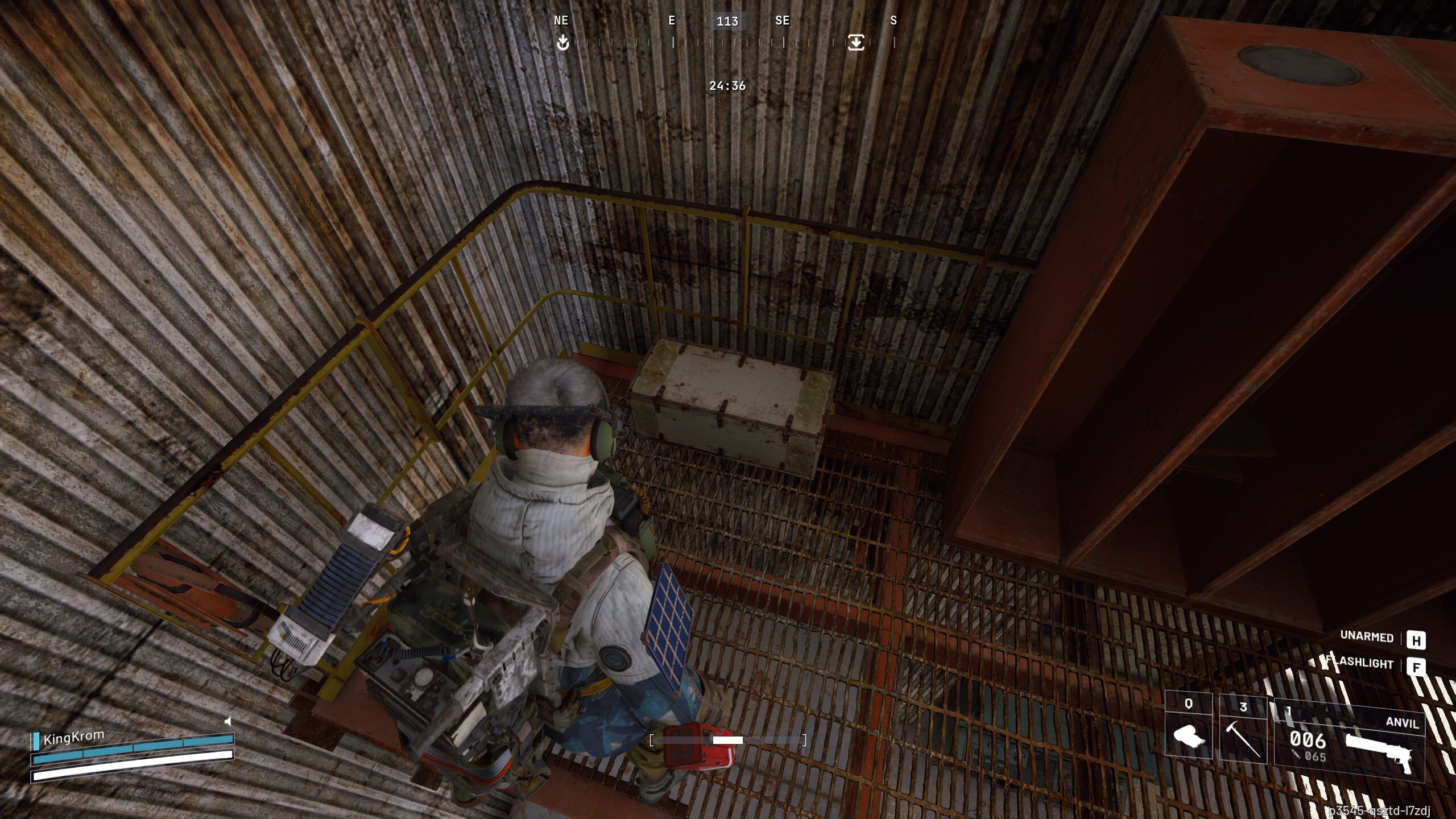 Arc Raiders Worth Your Salt: A player looking at a closed box on a metal walkway next to a red locker.