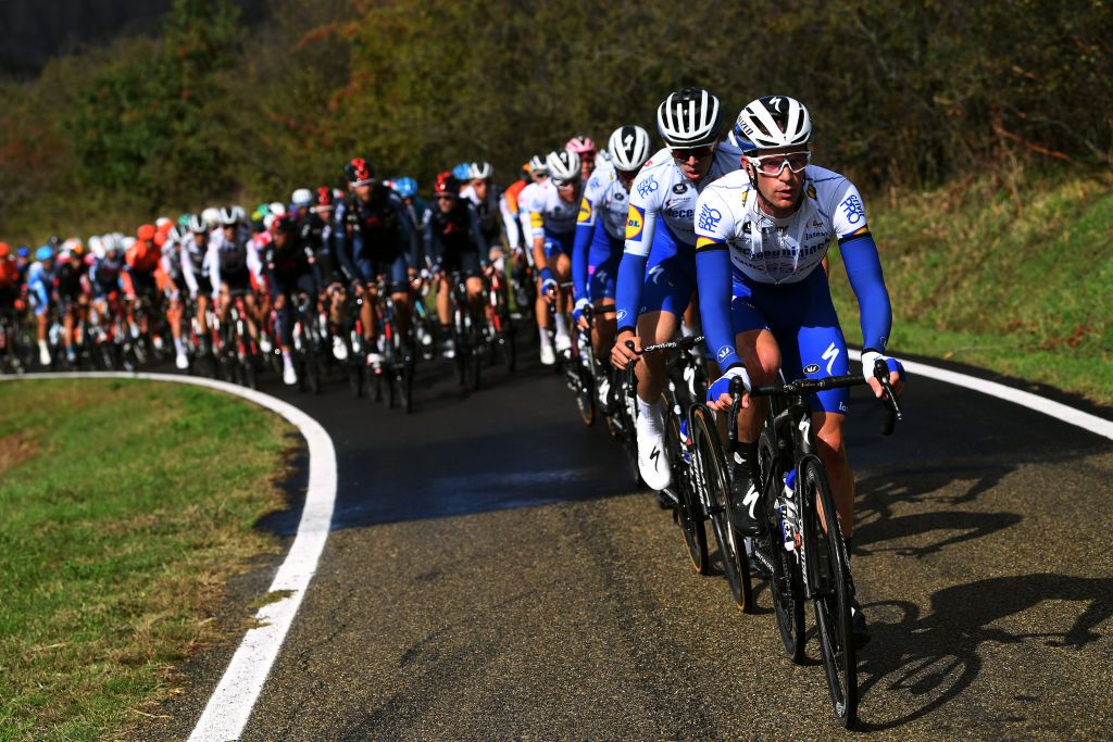 Deceuninck-QuickStep control the main field during stage 12 at the Giro d'Italia