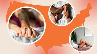 What is the most popular sex position in each state? Pictured: various sex scenes like couples holding hands in bed on a graphic of the USA