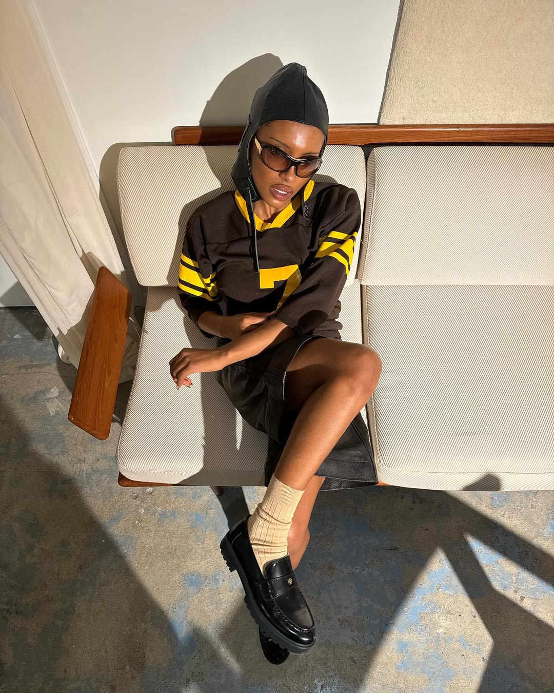 Leather shorts and loafers look