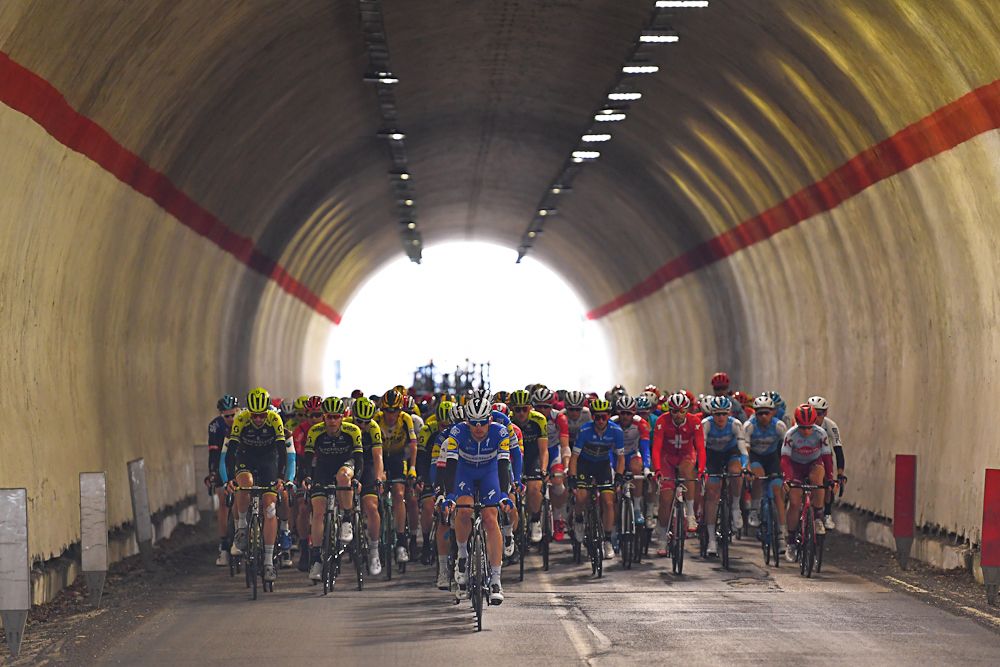 The Tirreno-Adriatico peloton in action during stage 6
