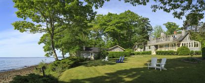 Panoramic view of grand vacation home on the Atlantic Ocean, Inn at Sunrise Point, near Camden, Maine, USA.