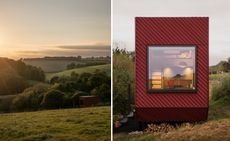 Close up exterior and long shot showing the Bide cabin in Dorset among green rolling hills, part of our selection of tiny homes