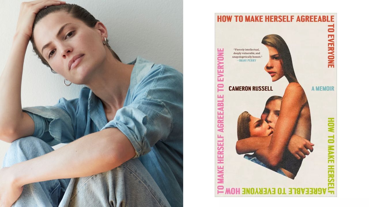 A composite image of model Cameron Russell wearing a denim shirt and pants next to the cover of her new book 