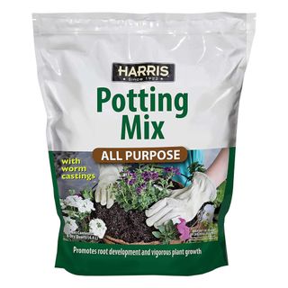 bag of Harris all-purpose potting soil on white background