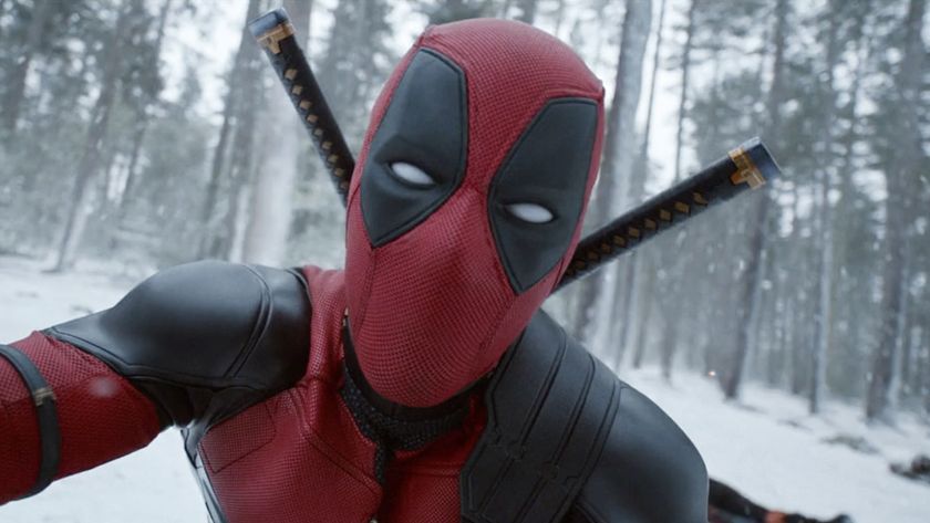 Deadpool directly staring into the camera in Deadpool &amp; Wolverine. 
