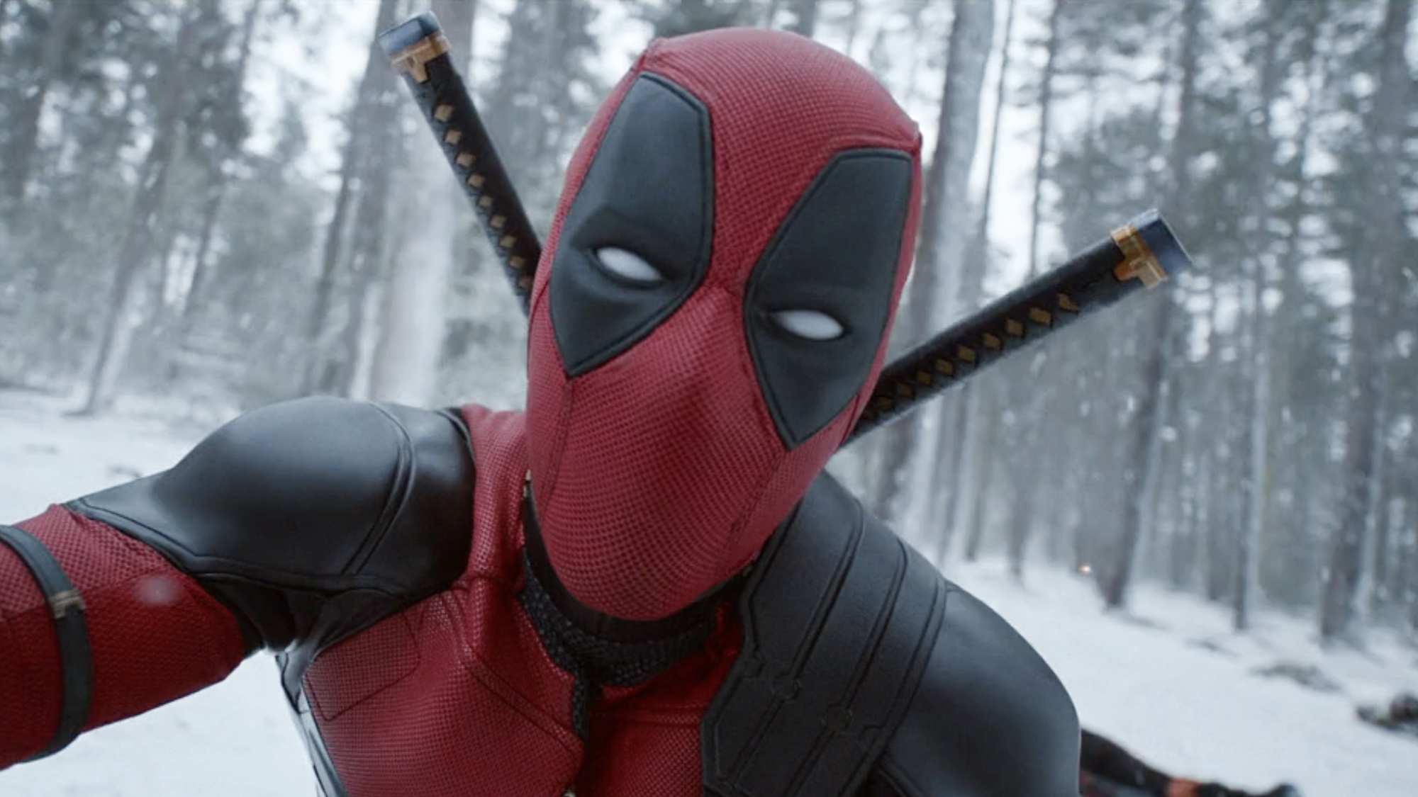 Deadpool directly staring into the camera in Deadpool &amp; Wolverine. 
