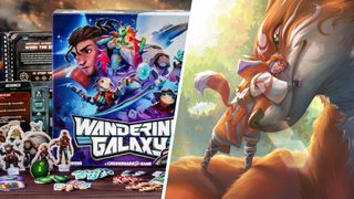 Wandering Galaxy box and tokens, divided from a woman hugging a giant fox by a white line