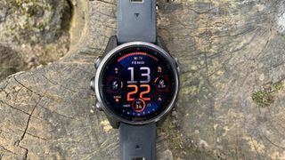 The Garmin Fenix 8 with AMOLED display lying on a tree trunk