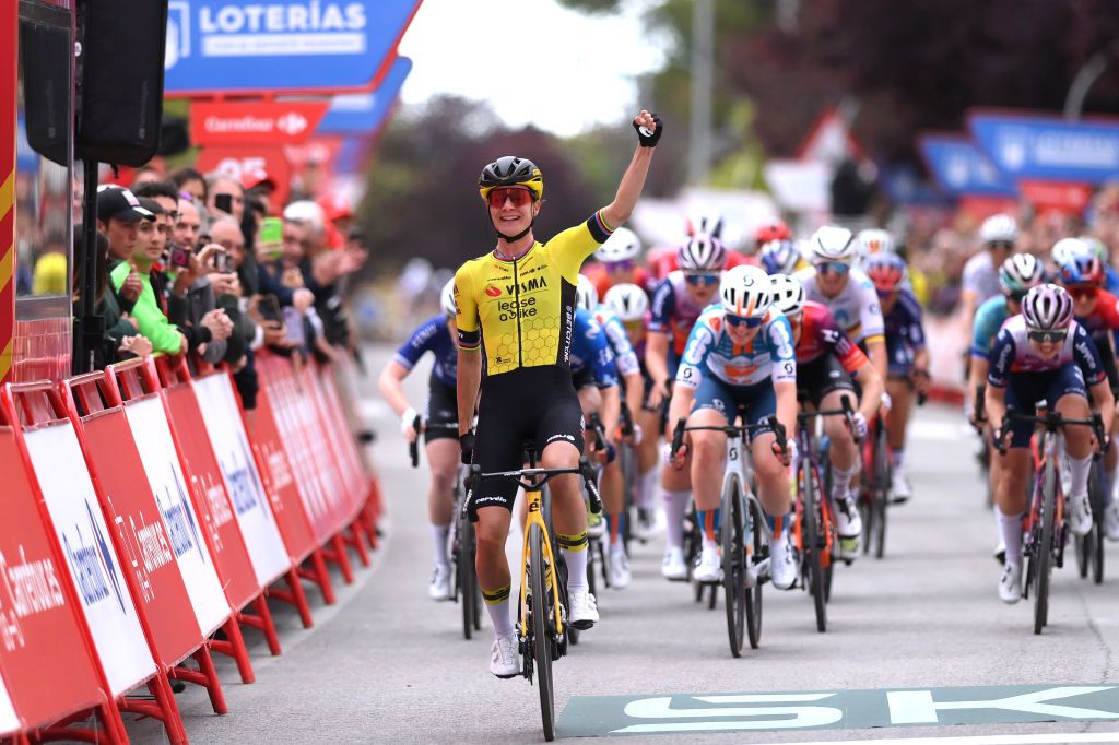 TERUEL SPAIN APRIL 30 Marianne Vos of The Netherlands and Team Visma Lease a Bike celebrates at finish line as stage winner during the 10th La Vuelta Femenina 2024 Stage 3 a 1303km stage from Lucena del Cid to Teruel UCIWWT on April 30 2024 in Teruel Spain Photo by Alex BroadwayGetty Images