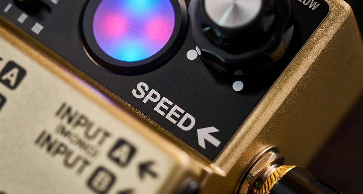 Boss RT-2 Rotary Ensemble: the compact unit emulates the sound of a rotating speaker cabinet and has a visual indicator on the front of its gold enclosure that shows the speed of the bass and treble rotors.