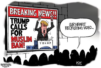 Political cartoon U.S. Donald Trump ISIS Recruiting