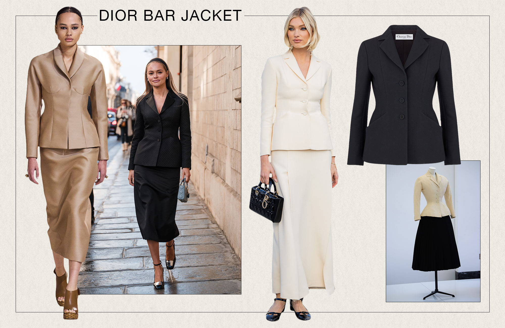 A collage of images of Dior Bar jackets, from the runways, street style, etc.