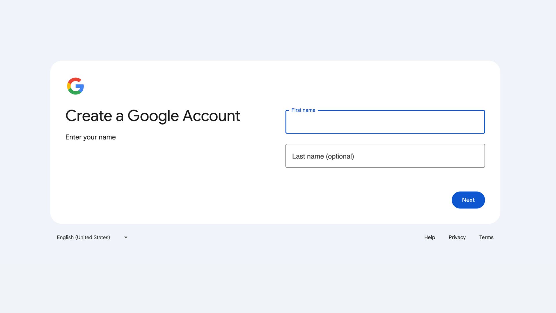 A screenshot of Google's sign up page