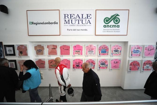 Pink jerseys on display at the Ghisallo museum