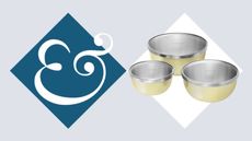 A set of three stainless steel mixing bowls with yellow exteriors, with glass lids on top. Each one smaller than the last in a white diamond. Next to a dark blue diamond with an & inside 