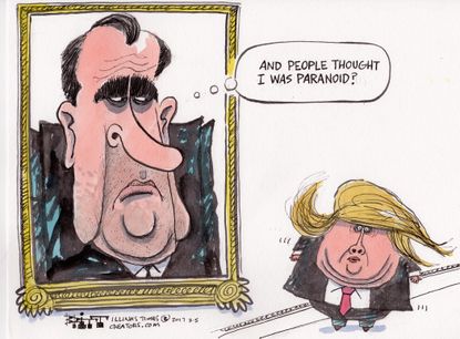 Political Cartoon U.S. Richard Nixon paranoid President Donald Trump