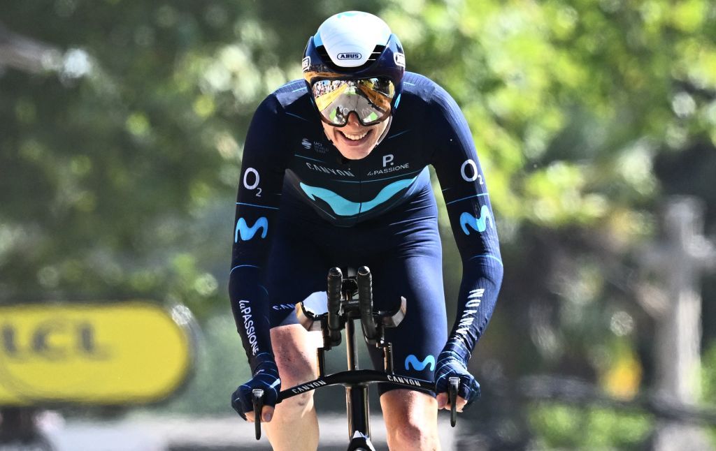 Movistar Teams American rider Matteo Jorgenson cycles to the finish line during the 20th stage of the 109th edition of the Tour de France cycling race 407 km individual time trial between LacapelleMarival and Rocamadour in southwestern France on July 23 2022 Photo by AnneChristine POUJOULAT AFP Photo by ANNECHRISTINE POUJOULATAFP via Getty Images