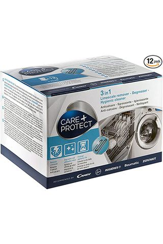 A pack shot of Care + Protect 3-in-1 washing machine and dishwasher cleaner
