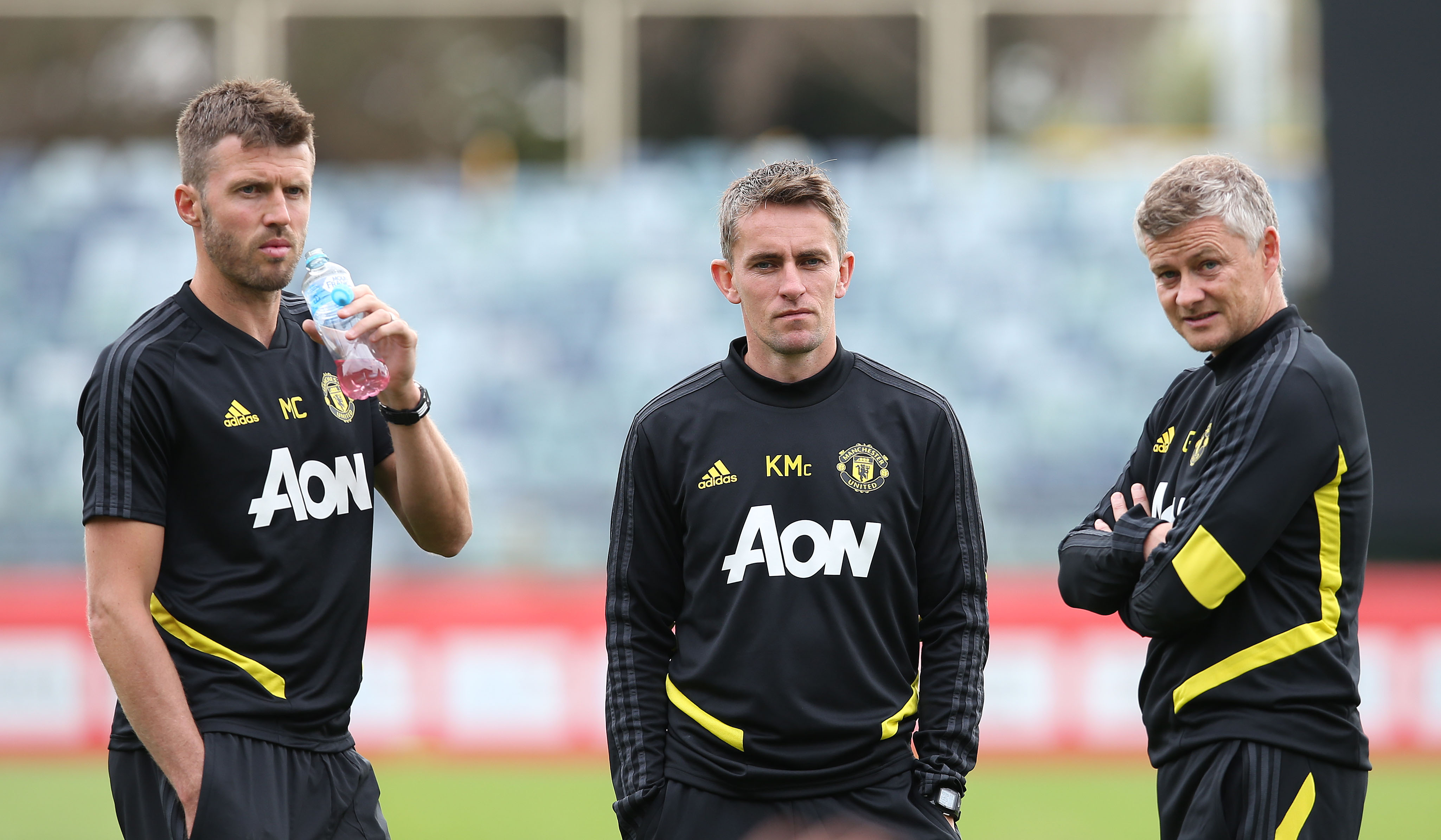 Ole Gunnar Solskjaer alongside former United coaches Michael Carrick and Kieran McKenna.