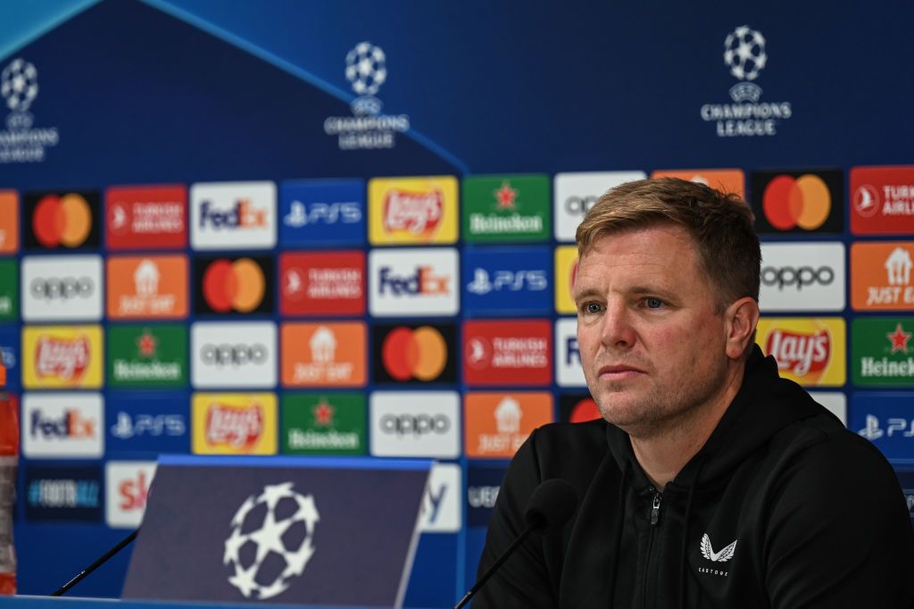 Newcastle United Head Coach Eddie Howe speaks to media during the UEFA Champions League Press Conference at Stadio Giuseppe Meazza on September 18, 2023 in Milan, Italy. (Photo by Serena Taylor/Newcastle United via Getty Images)