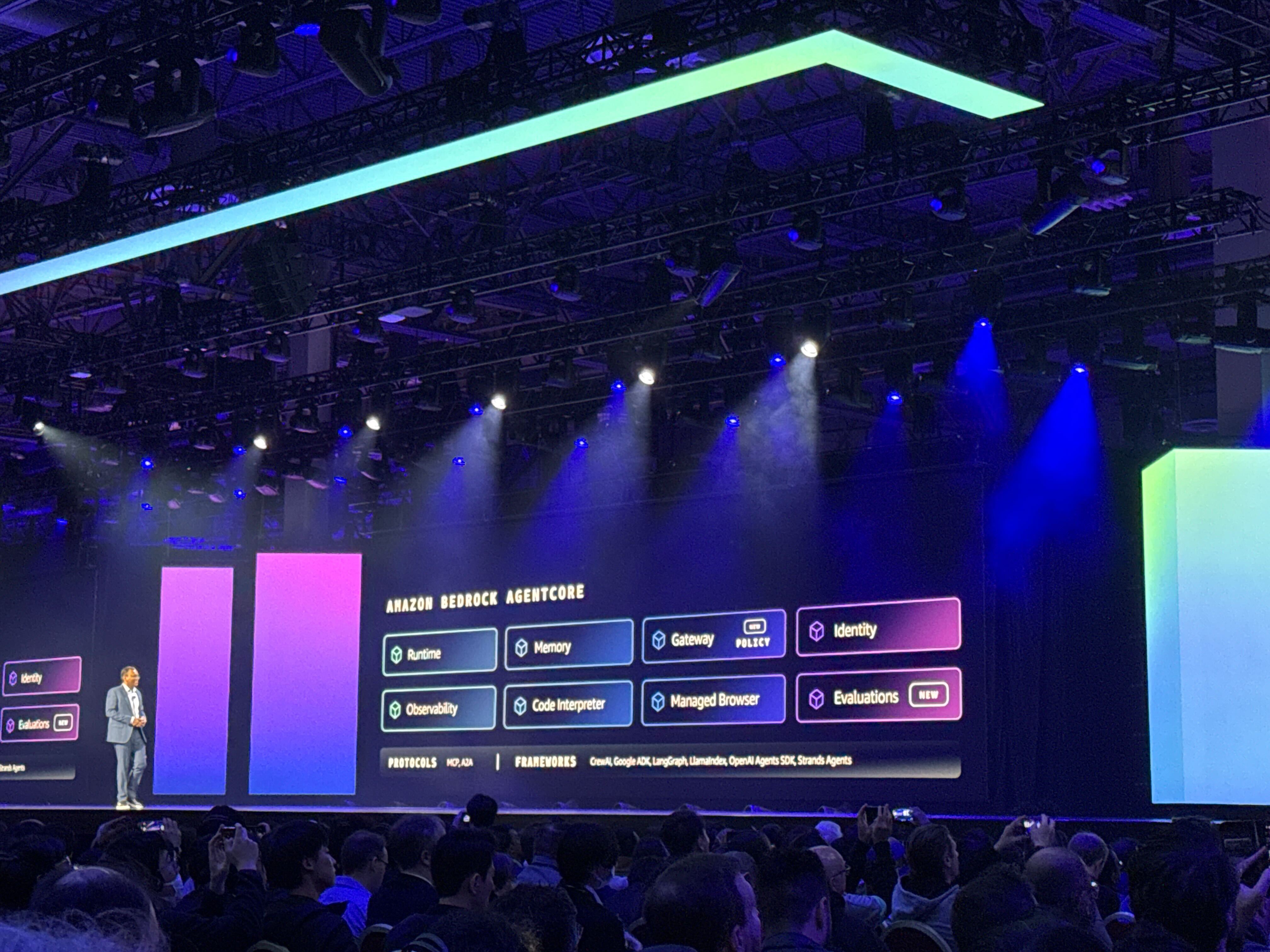 Swami Sivasubramanian pictured on stage at AWS re:Invent discussing AgentCore.