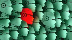Faces are positioned to face the right hand side of the frame, except one stands out from the rest in different color with a sinister expression..