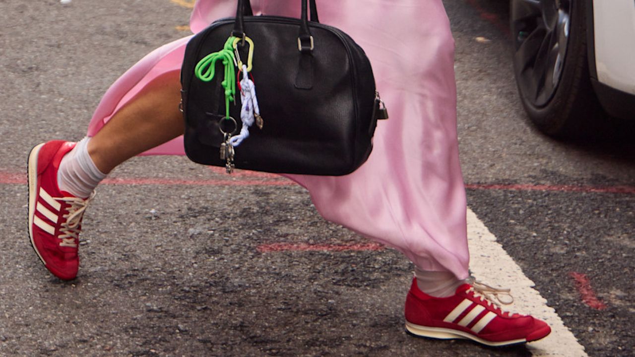 Woman wearing red sneakers in New York City 