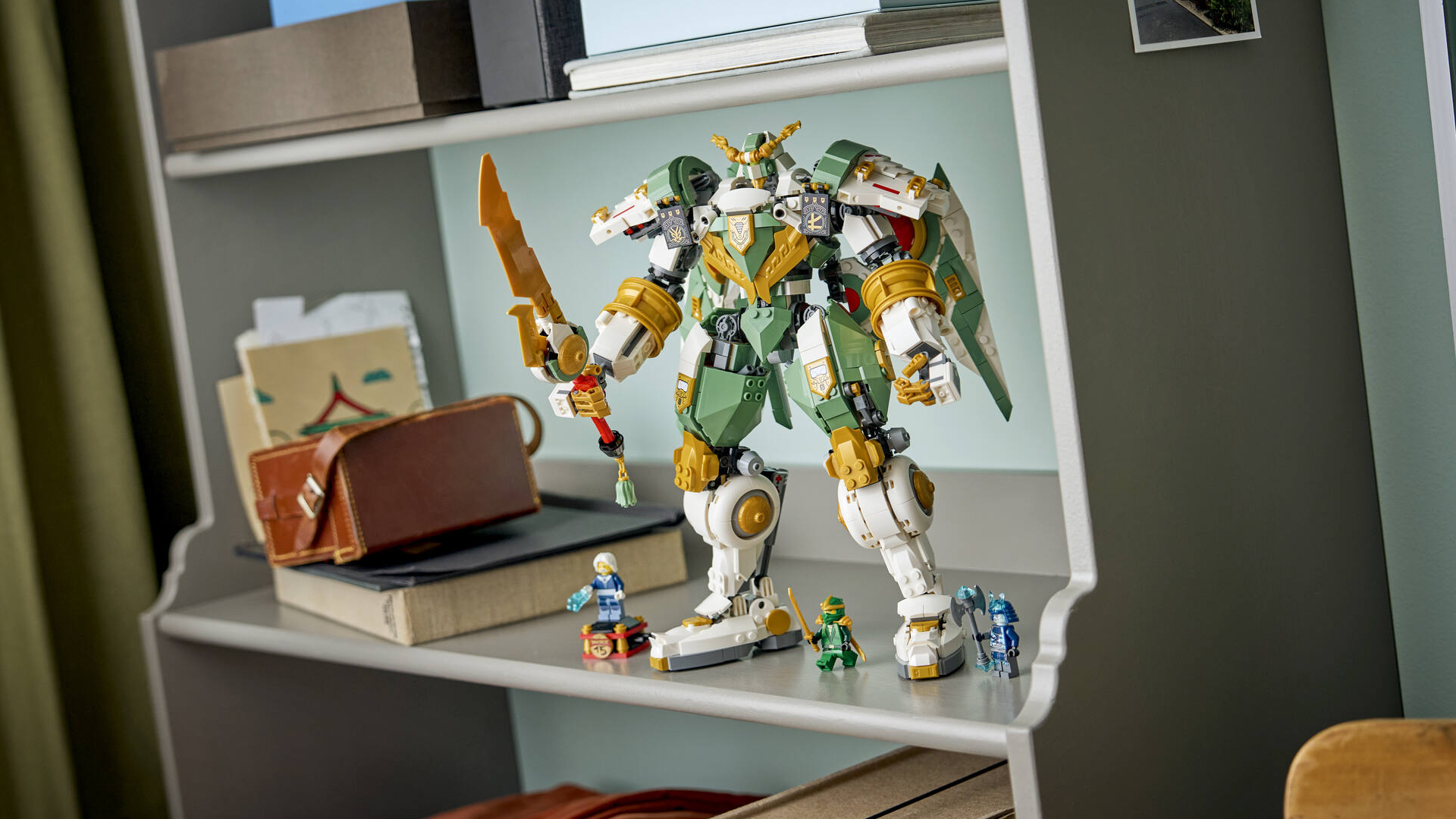 Lego Lloyd's Titan Mech set on a shelf