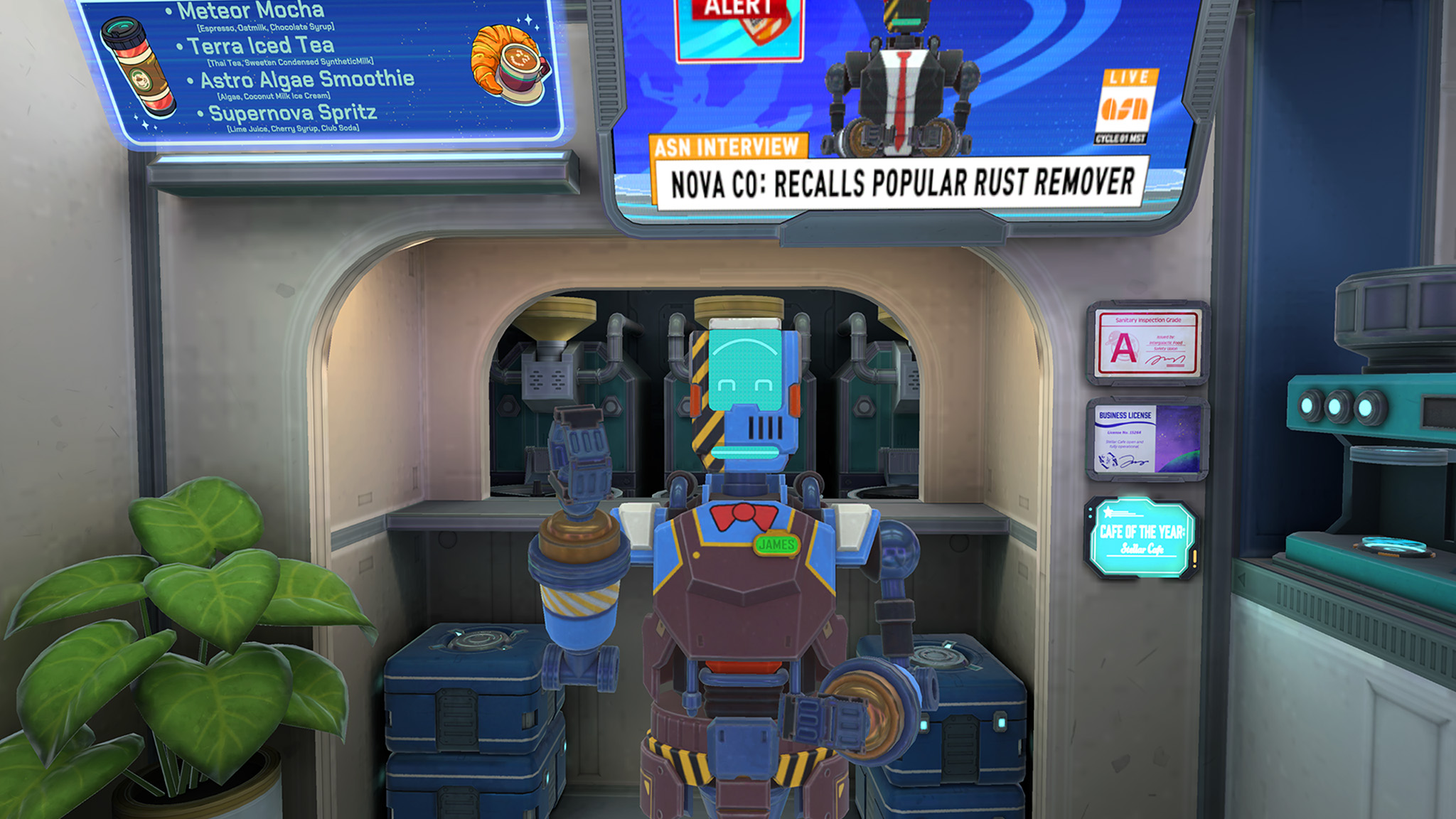 An official screenshot of Stellar Cafe on the Meta Quest 3 of the bartender