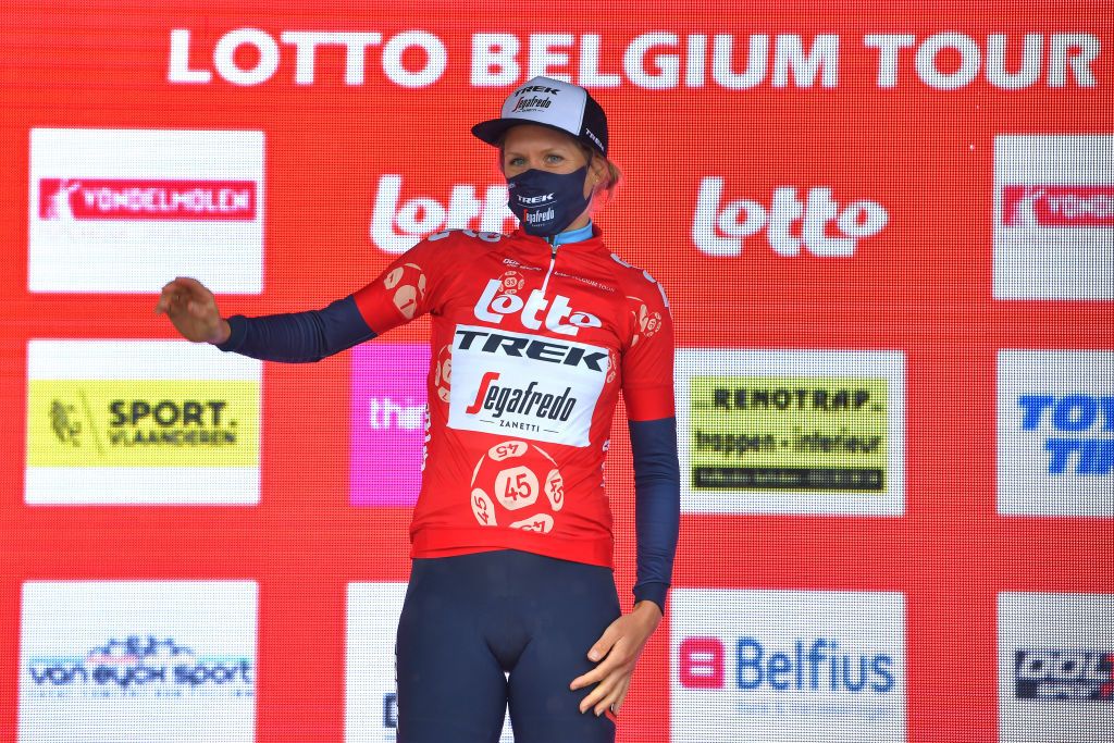 CHIMAY BELGIUM JUNE 22 Ellen Van Dijk of The Netherlands and Team Trek Segafredo Red Leader Jersey celebrates at podium during the 9th Lotto Belgium Tour 2021 Prologue a 44km Individual Time Trial stage from Chimay to Chimay ITT LottoBelgTour LottoBelgiumTour on June 22 2021 in Chimay Belgium Photo by Luc ClaessenGetty Images