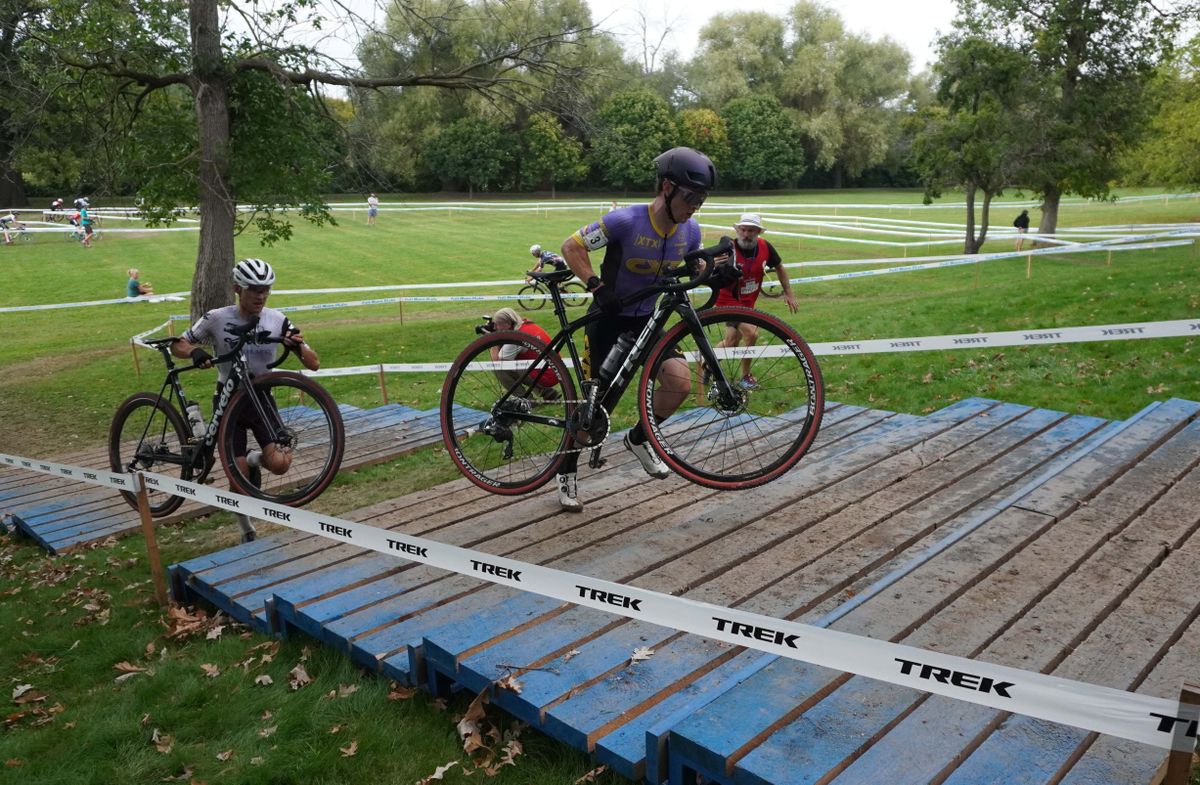 Andrew Strohmeyer on the Belgian stairs at 2024 Rochester Cyclocross