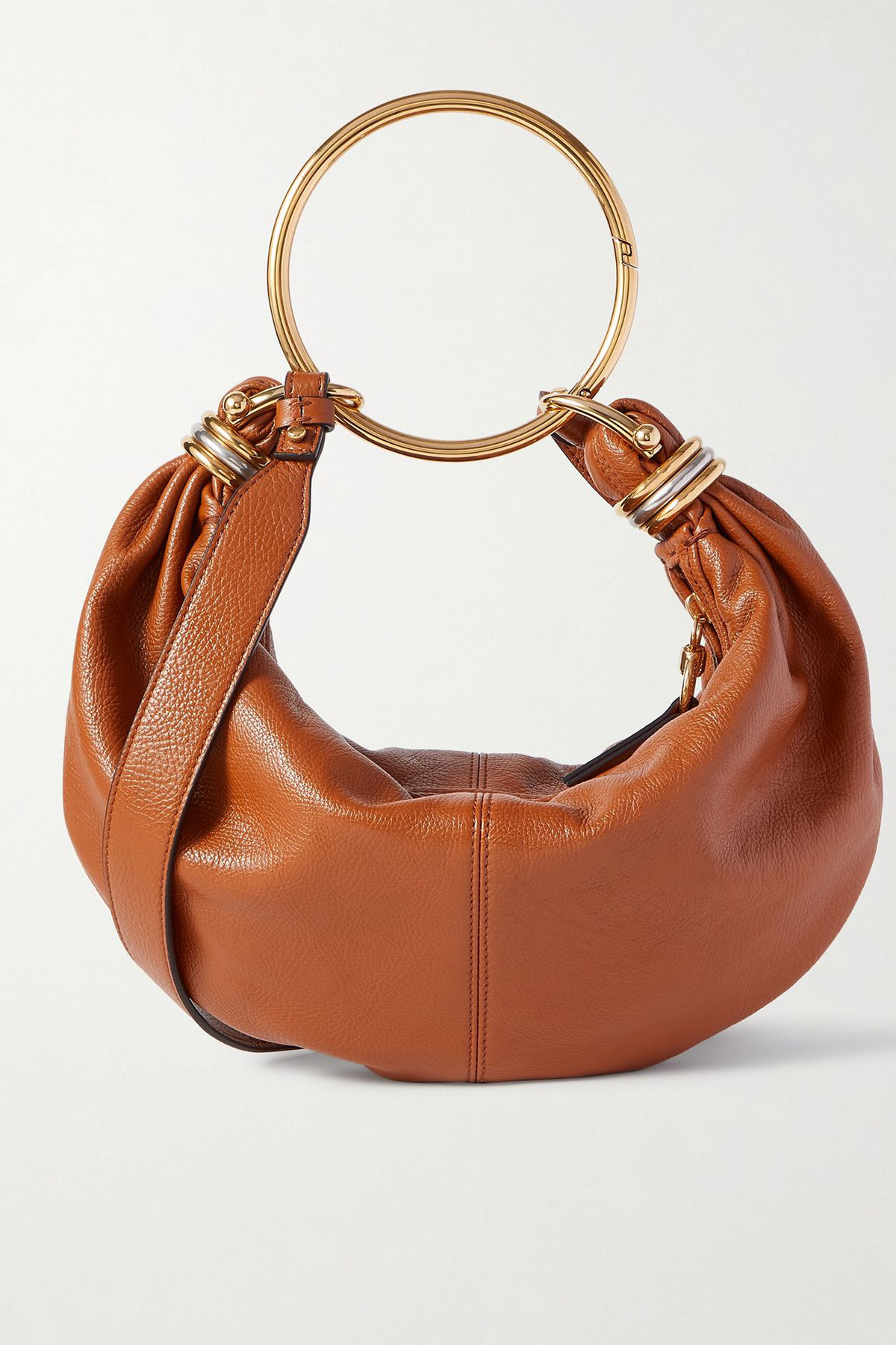 Glossy textured leather shoulder bag with embellished strap