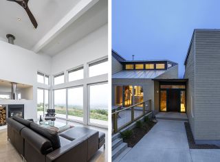 Two side-by-side photos of Float House. The first photo is of the living room interior featuring a white ceiling and walls, spotlights, tall windows, a dark coloured corner sofa, a glass coffee table, a chair, a side table and a fireplace with chopped wood beside it. And the second photo is of the exterior during the evening