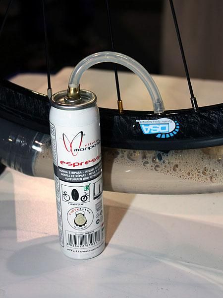 Effetto Mariposa's new Espresso inflator includes a shot of its excellent Caffelatex sealant and is said to inflate road tires up to about 90psi.