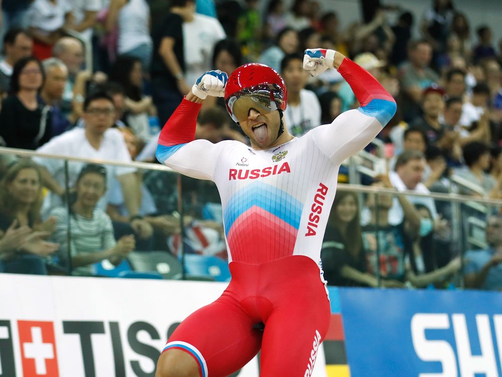 Denis Dmitriev of Russia celebrates after winning Men's Sprint Final on Day 4 in 2017 UCI Track Cycling World Championships