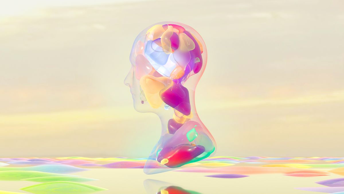 A CGI bust of a head formed from multi-colored pieces of glass, representing AI and AIQ. Decorative: the bust is hovering above a landscape of glass bumps of varying color, on a vast off-yellow plain beneath yellow clouds.